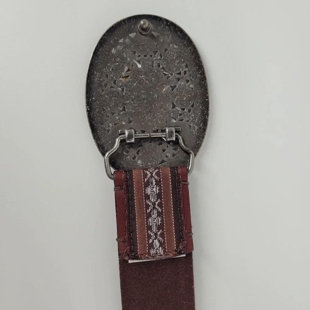 Womens Brown Leather Western Belt XL Silver Embroidered Mosaic Boho Eclectic